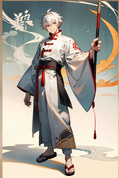 1male, adult, grey colored eyes, white hair, sandals, smile, chinese outfit, standing on pond, staff, chinese calligraphy