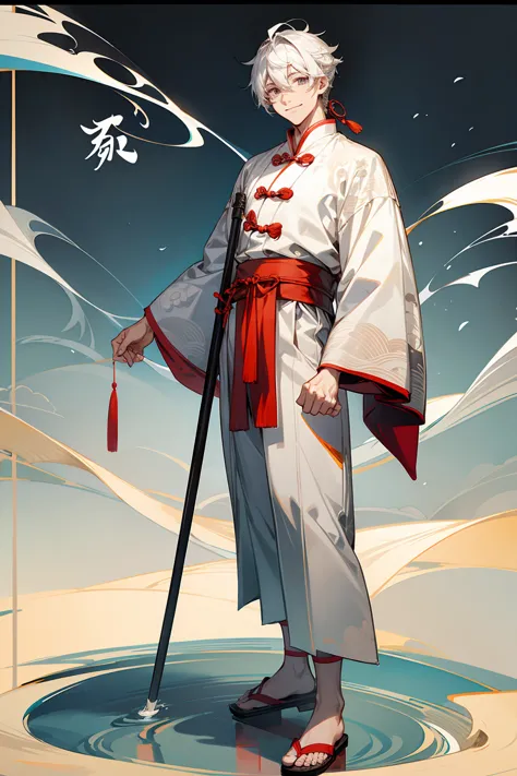 1male, adult, grey colored eyes, white hair, sandals, smile, chinese outfit, standing on pond, staff, chinese calligraphy