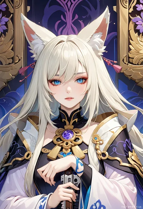 (masterpiece, best quality, highly detailed), ((fox ears)), close-up of a person holding a gun in a room, onmyoji portrait, onmy...