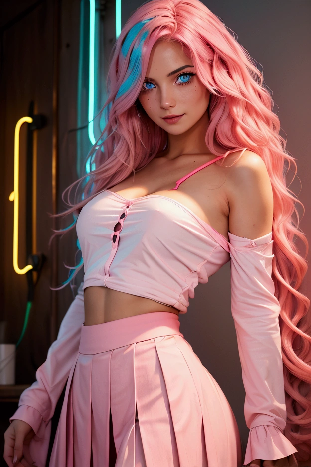 Medium round breasts, (1 mature Girl), ((neon light pink hair: 5.2, long and messy wavy, hair over one eye)))), blue eyes, double eyelids, light effect in the eyes, wide hips, blouse red long sleeve, tiny pleated skirt, naughty smile, ((sexy body)), solo, best quality, masterpiece, portrait, flirting with viewer, sensual pose, detailed, perfect anatomy, detailed art, high definition, 4k , high resolution, inside the country house