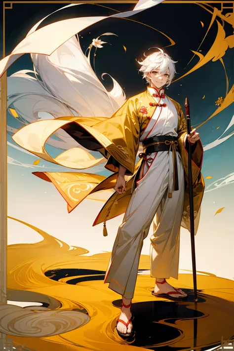 1male, adult, golden colored eyes, white hair, sandals, smile, chinese outfit, standing on pond, staff, chinese calligraphy