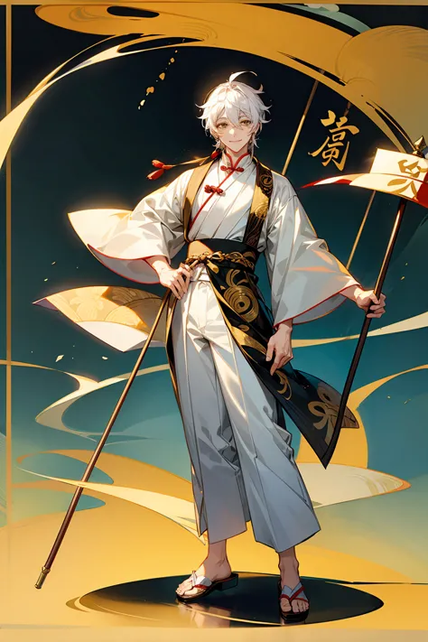 1male, adult, golden colored eyes, white hair, sandals, smile, chinese outfit, standing on pond, staff, chinese calligraphy