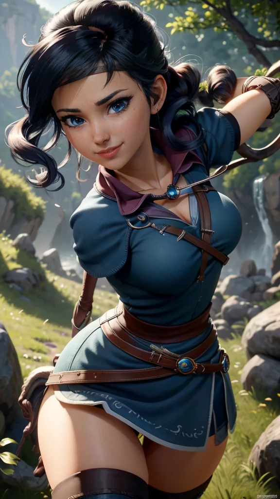 Kena da bridge of spirits,(best qualityer,4K,8k,high resolution,work of art:1.2)(weather: windy), cowboy shot,spirit forest background, long curly hair, cropped shirt, long wavy dress, thigh high stockings, garter belt, magic scepter, headband, gloves, harness corset, ultra detailed,realisitic,beautiful detailed blue eyes,beautiful detailed lips,extremely detailed eye and face, long eyelashes,sexly,average,large breasts,flying hair,beaming smile,powerful girl in a combat, combat stance,bright coloured,dramatic lighting,composition,