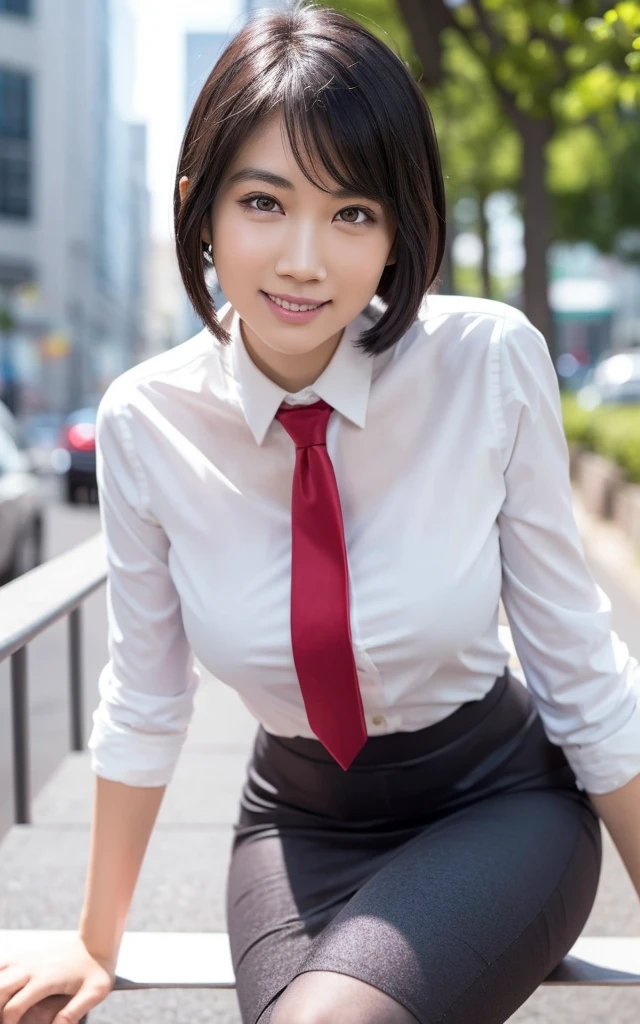 girl, Hyper Realistic, masterpiece, smile, portrait, bobhair, light gray pencil skirt suit, white shirt, red necktie, pantyhose