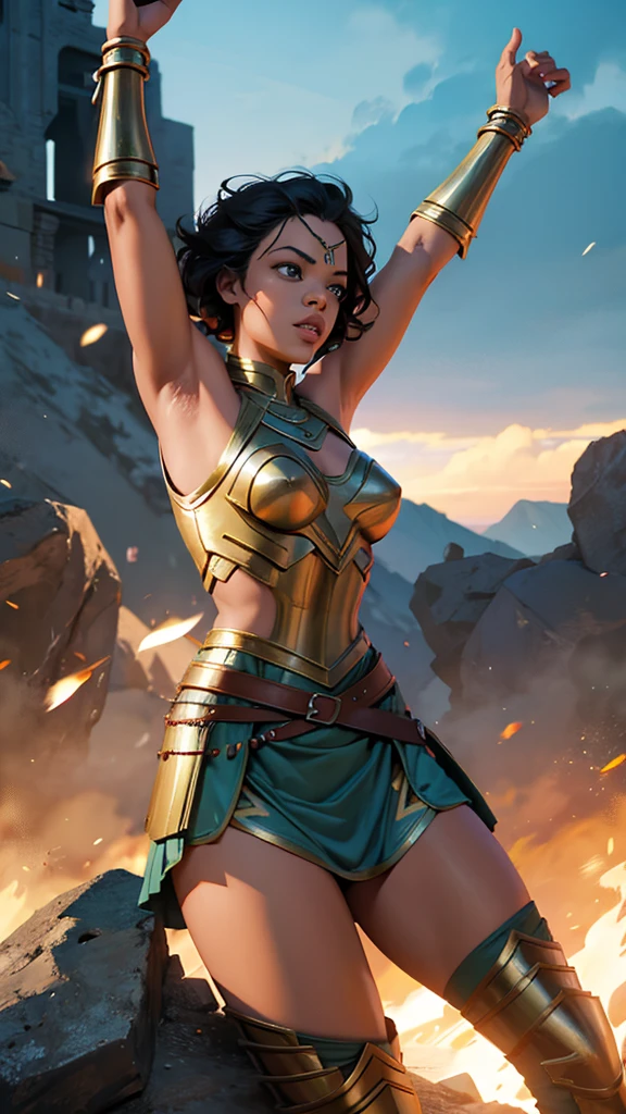 Tessa Thompson, cartoon artstyle, Valkyrie fighting armor