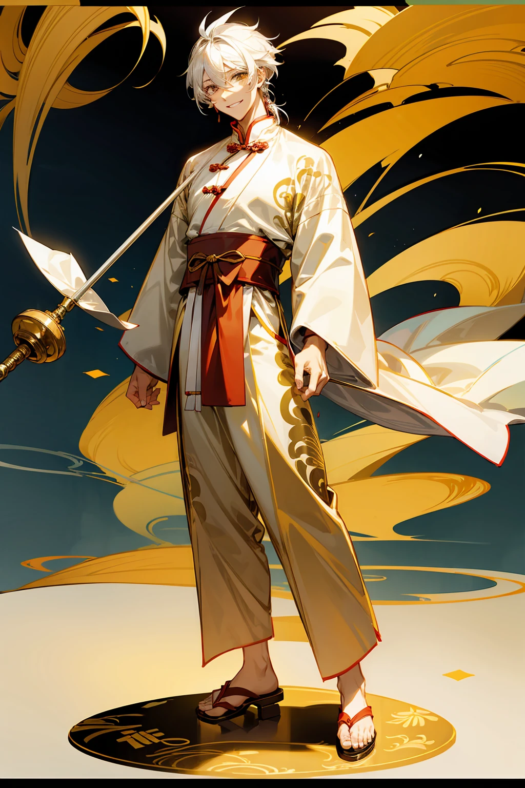 1male, Adult, Golden Colored Eyes, White Hair, Sandals, Smile, Chinese Outfit, Standing On Pond, Staff, Chinese Calligraphy