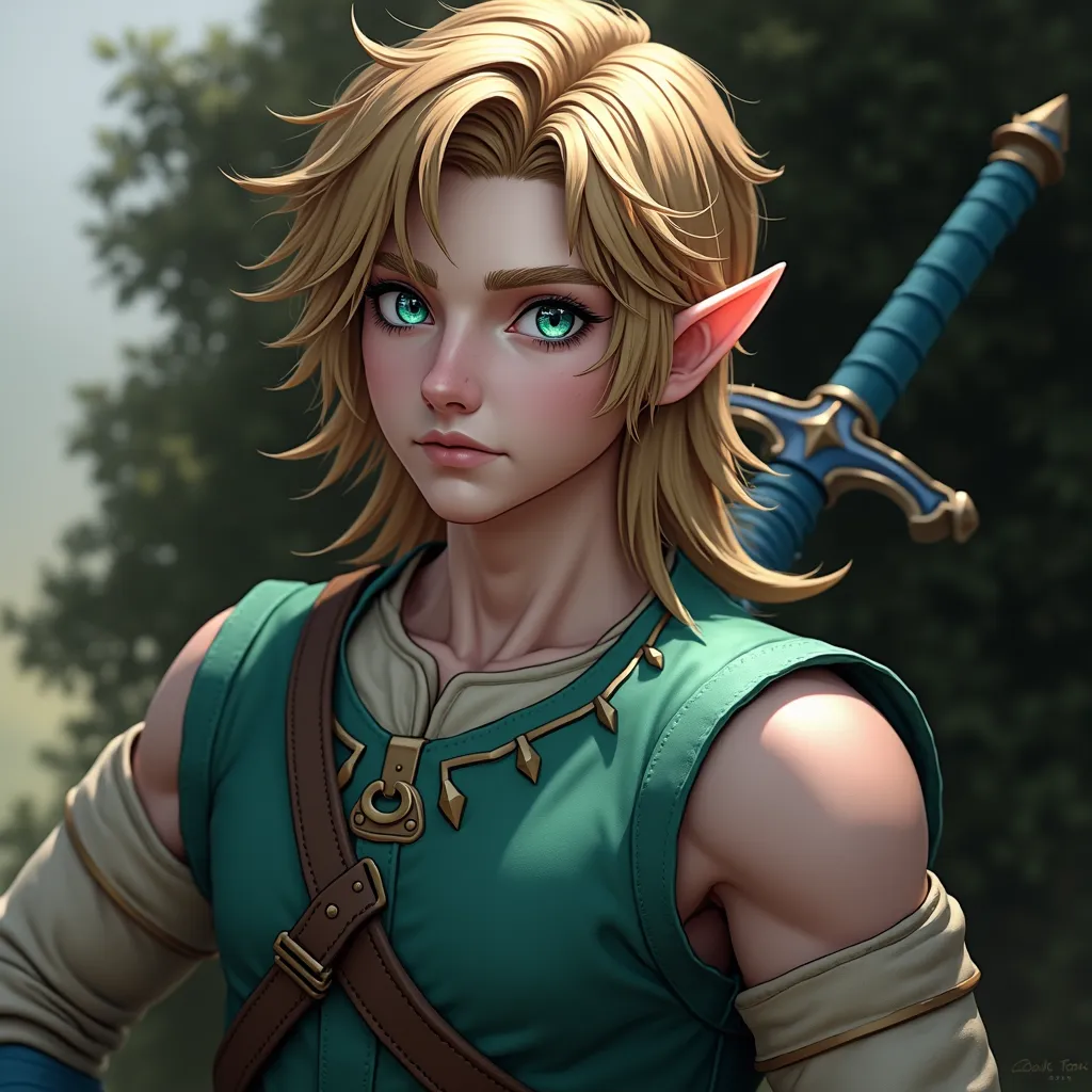 A live-action version of Link from The Legend of Zelda holding a blue sword、Very detailed, Live Action、Ultra-realistic digital portrait of Link from The Legend of Zelda, Very detailed顔の特徴, Piercing blue eyes, Sharp jawline, disheveled golden hair, Confident expression, Green themed elven clothing