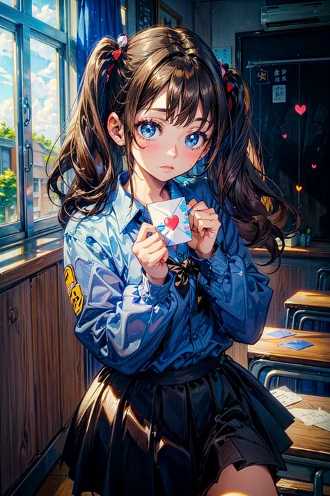 1girl,solo,cute,((dark brown hair,twin tail,blue eyes)),shirt and skirt,cleavage,in classroom,hold a love letter