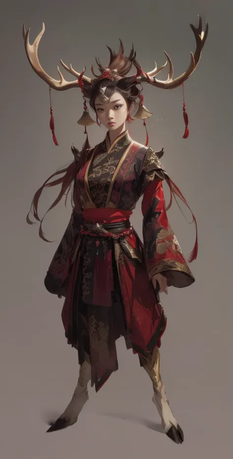 a woman in a red and black outfit with elk antlers on her head, beautiful character painting, by yang j, epic exquisite characte...