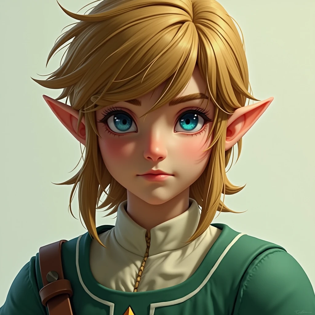 Very detailed, Live Action、Ultra-realistic digital portrait of Link from The Legend of Zelda, Very detailed顔の特徴, Piercing blue eyes, Sharp jawline, disheveled golden hair, Confident expression, Green themed elven clothing