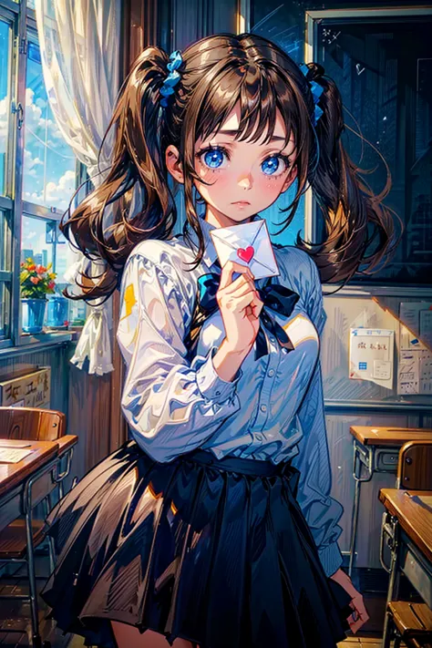 1girl,solo,cute,((dark brown hair,twin tail,blue eyes)),shirt and skirt,in classroom,hold a love letter