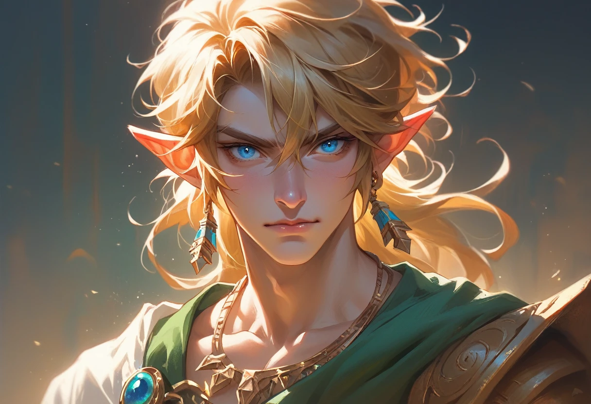 Very detailed, Live Action、Ultra-realistic digital portrait of Link from The Legend of Zelda, Very detailed顔の特徴, Piercing blue eyes, Sharp jawline, disheveled golden hair, Confident expression, Green themed elven clothing