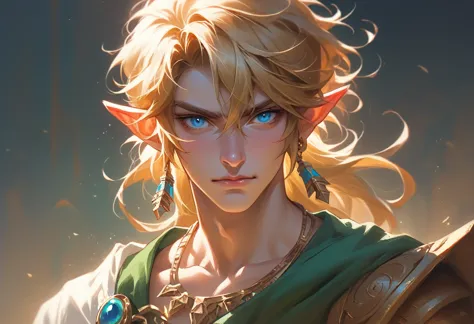 Very detailed, Live Action、Ultra-realistic digital portrait of Link from The Legend of Zelda, Very detailed顔の特徴, Piercing blue eyes, Sharp jawline, disheveled golden hair, Confident expression, Green themed elven clothing