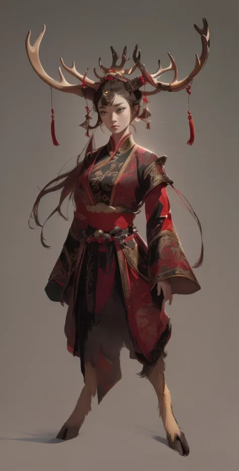 a woman in a red and black outfit with elk antlers on her head, beautiful character painting, by yang j, epic exquisite characte...