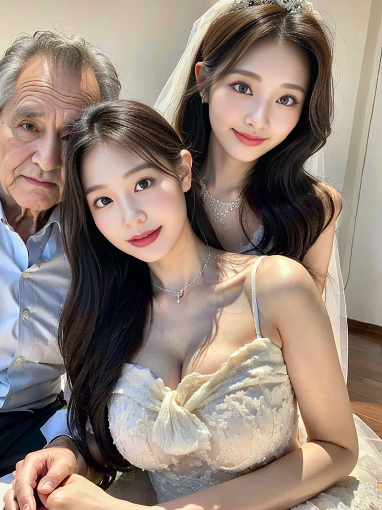 (A super cute Korean high school girl in a wedding dress snuggles up to her elderly grandfather for a family photo:1.2)(A carefree smile:1.1)(Beautiful Sweat:1.1)(16K, RAW Photos, Highest quality, masterpiece: 1.2),(Shiny black hair) Super detailed, Super Resolution, (Genuine, Genuine photos: 1.37), Portraiture, High-resolution RAW color photos, Professional photos, Very detailed, 8k wallpaper, Very detailed CG Unity 8k wallpaper, Very detailed beautiful girls, Very detailed faces, ((whole body)), beautiful woman, Huge breasts,(huge boobs:1.1) (Big Boobs:1.1),high school girl, Korean Girls,(K-POP Female Idols), (Idol-class beauty)(Beautiful high school girl:1.1)(church)(1)(Wedding dress:1.1),(Family group photo)(Wedding family waiting room)