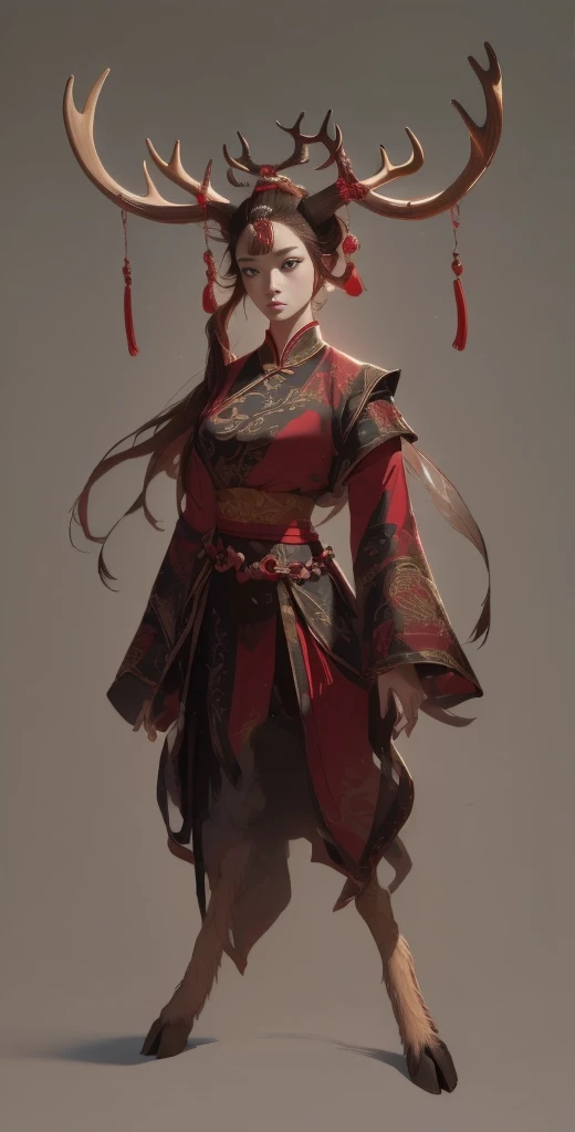 a woman in a red and black outfit with elk antlers on her head, beautiful character painting, by Yang J, epic exquisite character art, feng zhu concept art, stunning character art, by Lin Liang, amazing 8k character concept art, by Qu Leilei, palace, a girl in hanfu, by Feng Zhu, inspired by Feng Zhu, by Li Song, (masterpiece), best quality, expressive eyes, perfect face, xiuxian, chinagen, FantasyCore, Animal ear, (chinese woman with elk antlers and elk legs in a traditional chinese clothing), masterpiece, best quality, expressive eyes, perfect face, full body, dnd character design, female, girl, dnd, great quality, amazing detail, realistic, feminine, eyelashes, fluffy deer ears, eyeliner, niji, beautiful, detailed highest, detailed texture, deer ears, deer hooves, deer feet, deer tail, hoof, Detailed Fur, 3d Render, Photorealistic, pretty, deer, hooves, eastern clothing, 1girl, furry female, antlers, elk antlers, high contrast, long sleeves, wine purple, brown and red clothes color, jewelry, deer legs, shoulder armor, ancient chinese hairstyle, Cervid, Deerfolk race, d&d, archeology professor, ribbons, fantasy race, faun, shoulder pads, hanfu, chinese clothes, hair ornament, hair bun, smart, professor, teacher, chinese scholar, chineses hair crown, hair up, body fur, ancient, oriental, eastern, ancient chinese female hairstyle, older, lady, gray background, respected, glasses, monical, animal ears, one pair of antlers,