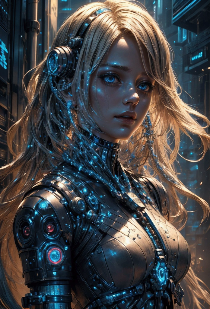 Close up of a Cybernetic girl, long messy blonde hair, Highly detailed, biomechanical girl with a beautiful face, leather armour with cybernetic components and chains, futuristic, movie aesthetic, masterpiece quality, cyberpunk, night city