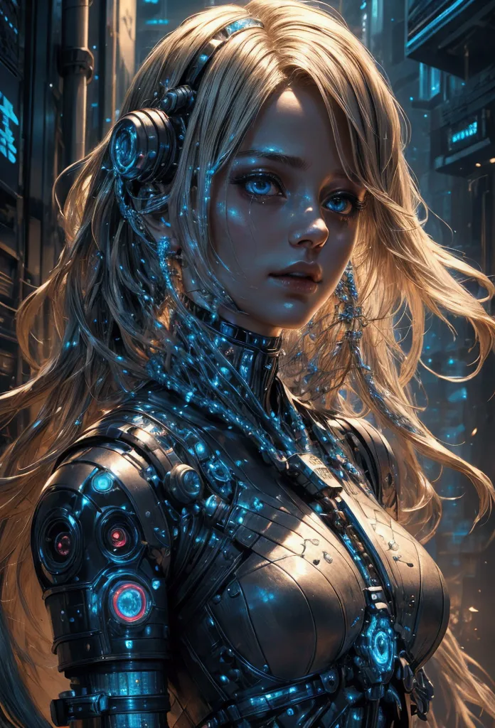 close up of a cybernetic girl, long messy blonde hair, highly detailed, biomechanical girl with a beautiful face, leather armour...