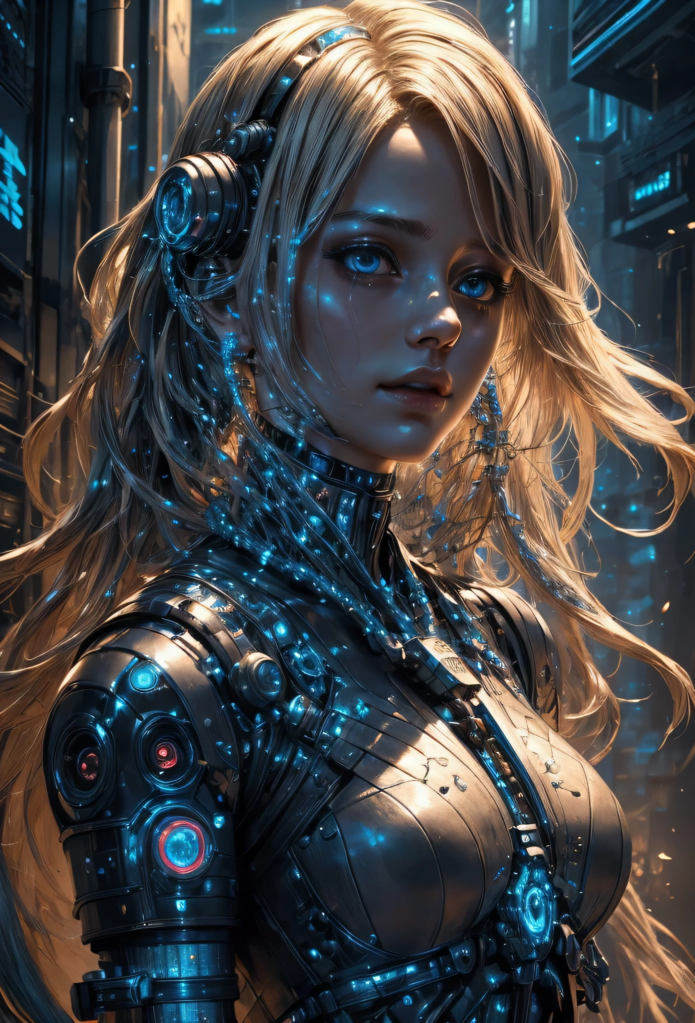 Close up of a Cybernetic girl, long messy blonde hair, Highly detailed, biomechanical girl with a beautiful face, leather armour with cybernetic components and chains, futuristic, movie aesthetic, masterpiece quality, cyberpunk, night city