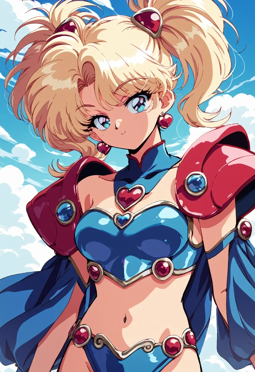 "(Yag:1.1), score_9, score_8_superior, score_8, japan anime, retro anime style, anime screencap, anime coloring, One girl, Twin tails, Exquisitely detailed body, Sexy Face, Bikini Armor, Shoulder pads, heart jewelry, sleeve, Sexy pose, View your viewers