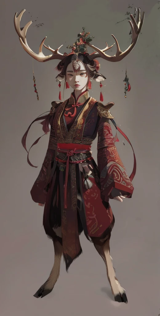 a woman in a red and black outfit with elk antlers on her head, beautiful character painting, by Yang J, epic exquisite character art, feng zhu concept art, stunning character art, by Lin Liang, amazing 8k character concept art, by Qu Leilei, palace, a girl in hanfu, by Feng Zhu, inspired by Feng Zhu, by Li Song, (masterpiece), best quality, expressive eyes, perfect face, xiuxian, chinagen, FantasyCore, Animal ear, (chinese woman with elk antlers and elk legs in a traditional chinese clothing), masterpiece, best quality, expressive eyes, perfect face, full body, dnd character design, female, girl, dnd, great quality, amazing detail, realistic, feminine, eyelashes, fluffy deer ears, eyeliner, niji, beautiful, detailed highest, detailed texture, deer ears, deer hooves, deer feet, deer tail, hoof, Detailed Fur, 3d Render, Photorealistic, pretty, deer, hooves, eastern clothing, 1girl, furry female, antlers, elk antlers, high contrast, long sleeves, wine purple, brown and red clothes color, jewelry, deer legs, shoulder armor, ancient chinese hairstyle, Cervid, Deerfolk race, d&d, archeology professor, ribbons, fantasy race, faun, shoulder pads, hanfu, chinese clothes, hair ornament, hair bun, smart, professor, teacher, chinese scholar, chineses hair crown, hair up, body fur, ancient, oriental, eastern, ancient chinese female hairstyle, older, lady, gray background, respected, glasses, monical, animal ears, one pair of antlers, faunmakeup, makeup, white spots, dark upper lip, horns, antlers, reindeer antlers, animal ears, pointy ears, concept, horns, deer, body part, antler, dearantlers, hooved legs, hooves,