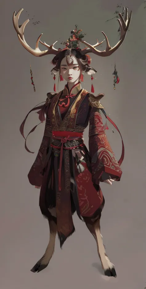 a woman in a red and black outfit with elk antlers on her head, beautiful character painting, by yang j, epic exquisite characte...