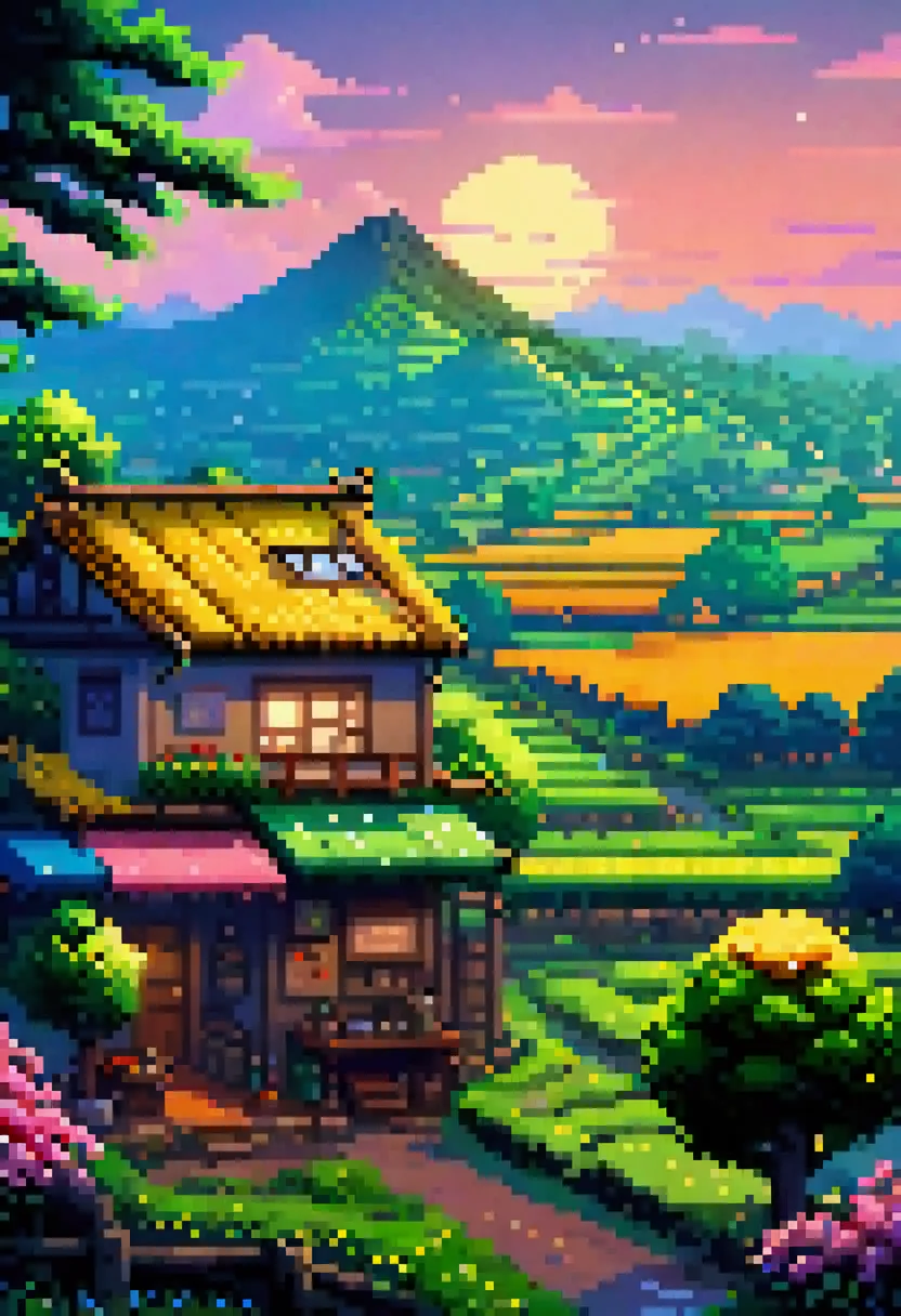 pixel art landscape. evening. 3d pixel art. amazing pixel art details. pixel art. detailed unreal engine pixel art, japanese cou...