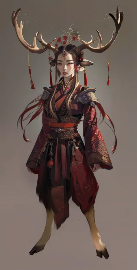 a woman in a red and black outfit with elk antlers on her head, beautiful character painting, by yang j, epic exquisite characte...