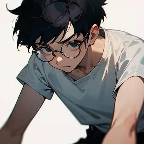 ((best quality)), ((masterpiece)), (detailed), perfect face, 1boy, solo, young, scared, clear background, white shirt, eyeglasse...