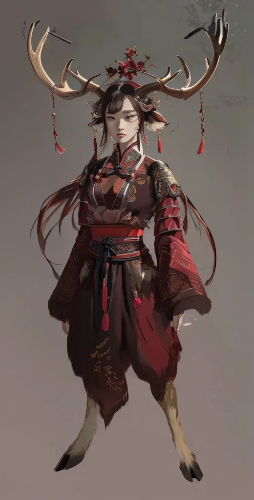 a woman in a red and black outfit with deer legs and elk antlers on her head , beautiful character painting, by Yang J, epic exquisite character art, feng zhu concept art, stunning character art, by Lin Liang, amazing 8k character concept art, by Qu Leilei, palace, a girl in hanfu, by Feng Zhu, inspired by Feng Zhu, by Li Song, (masterpiece), best quality, expressive eyes, perfect face, xiuxian, chinagen, FantasyCore, Animal ear, (chinese woman with elk antlers and elk legs in a traditional chinese clothing), masterpiece, best quality, expressive eyes, perfect face, full body, dnd character design, female, girl, dnd, great quality, amazing detail, realistic, feminine, eyelashes, fluffy deer ears, eyeliner, niji, beautiful, detailed highest, detailed texture, deer ears, deer hooves, deer feet, deer tail, hoof, Detailed Fur, 3d Render, Photorealistic, pretty, deer, hooves, eastern clothing, 1girl, furry female, antlers, elk antlers, high contrast, long sleeves, wine purple, brown and red clothes color, jewelry, deer legs, shoulder armor, ancient chinese hairstyle, Cervid, Deerfolk race, d&d, archeology professor, ribbons, fantasy race, faun, shoulder pads, hanfu, chinese clothes, hair ornament, hair bun, smart, professor, teacher, chinese scholar, chineses hair crown, hair up, body fur, ancient, oriental, eastern, ancient chinese female hairstyle, older, lady, gray background, respected, glasses, monical, animal ears, one pair of antlers, faunmakeup, makeup, white spots, dark upper lip, horns, antlers, reindeer antlers, animal ears, pointy ears, concept, horns, deer, body part, antler, dearantlers, hooved legs, hooves, cloven hoof, cleft hoof, divided hoof, split hoof,