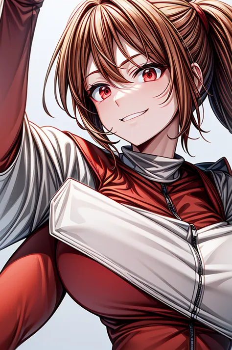 solo, alone, ((original design)), red bodysuit, (padded vest), (white lab coat), brown hair, medium hair, ponytail, red eyes, sm...