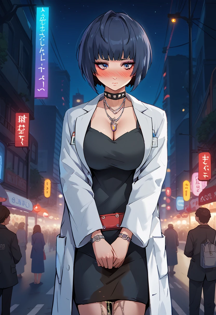 1girl, woman, takemip5, short hair, black hair, blue hair, labcoat, black dress, belt, choker, necklace, cleavage, makeup, eyeliner, (wetting self:1.5), desperation, huge breasts, (blushing:1.5), embarrassed, humiliation, aroused, orgasm, trembling, city, street, crowd, night, futuristic, colorful lights, colorful city