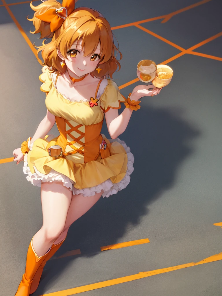 masterpiece, Highest quality, View your viewers, Depth of written boundary, walk, smile,
One girl, Cure Pine, Pretty Cure, One side up, short hair, Hair Ribbon,  Frills, Short sleeve, Wrist cuff, Orange Choker, Orange boots, yellow_skirt,