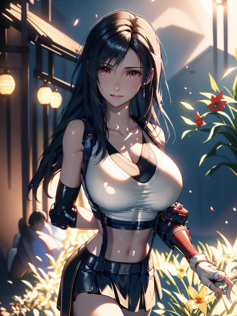 (8ｋ, highest quality, MASTERPIECE:1.2), (photorealistic:1.3), Super Detailed, girl 1 person, mature, solo, (Tifa Lockheart:1.2), (big chest), (giant breasts), (((huge lift clothes to show bra))), (((black bra))), (beautiful red eyes), (smiling:1.2), (Closed), erotic pose, dance, neon lights, street scenery, Depth Of Field, Dark and strong shadows, Sharp focus, auto, motion blur, bike, Depth Of Field, composition, Glowing green light, Final Fantasy VII, (nose blush), Single Elbow Pad, Ankle Boots, dark black hair, toned thighs, red boots, Elbow Gloves, Elbow pads, Fingerless Gloves, Taut Shirt, sports bra, (suspenders), (Black Skirt), tights, white tank top, All over body, head rest, Lips, delicate facial structure, Low Tie Long Hair, (red_Ojo), Yellow flowers, (night:1.3), Complex, Bokeh, Cinematic Lighting, Photon mapping, Radiosity, physically based rendering, NSFW, Perfect Breasts