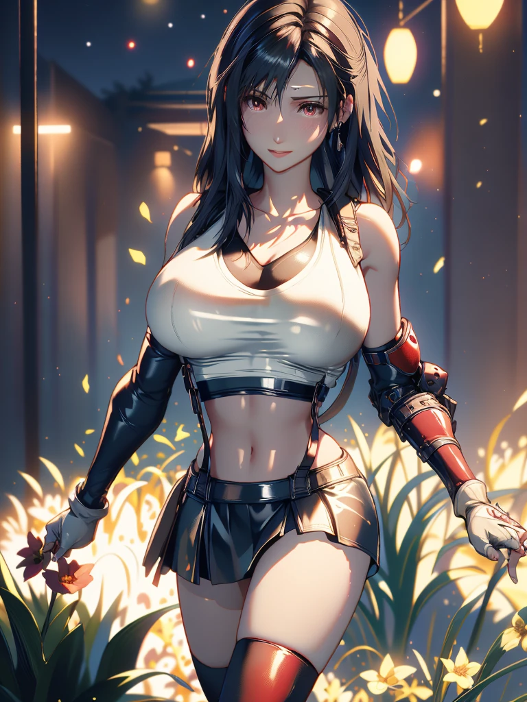 (8ｋ, highest quality, MASTERPIECE:1.2), (photorealistic:1.3), Super Detailed, girl 1 person, mature, solo, (Tifa Lockheart:1.2), (big chest), (giant breasts), (((huge lift clothes to show bra))), (((black bra))), (beautiful red eyes), (smiling:1.2), (Closed), erotic pose, dance, neon lights, street scenery, Depth Of Field, Dark and strong shadows, Sharp focus, auto, motion blur, bike, Depth Of Field, composition, Glowing green light, Final Fantasy VII, (nose blush), Single Elbow Pad, Ankle Boots, dark black hair, toned thighs, red boots, Elbow Gloves, Elbow pads, Fingerless Gloves, Taut Shirt, sports bra, (suspenders), (Black Skirt), tights, white tank top, All over body, head rest, Lips, delicate facial structure, Low Tie Long Hair, (red_Ojo), Yellow flowers, (night:1.3), Complex, Bokeh, Cinematic Lighting, Photon mapping, Radiosity, physically based rendering, NSFW, Perfect Breasts