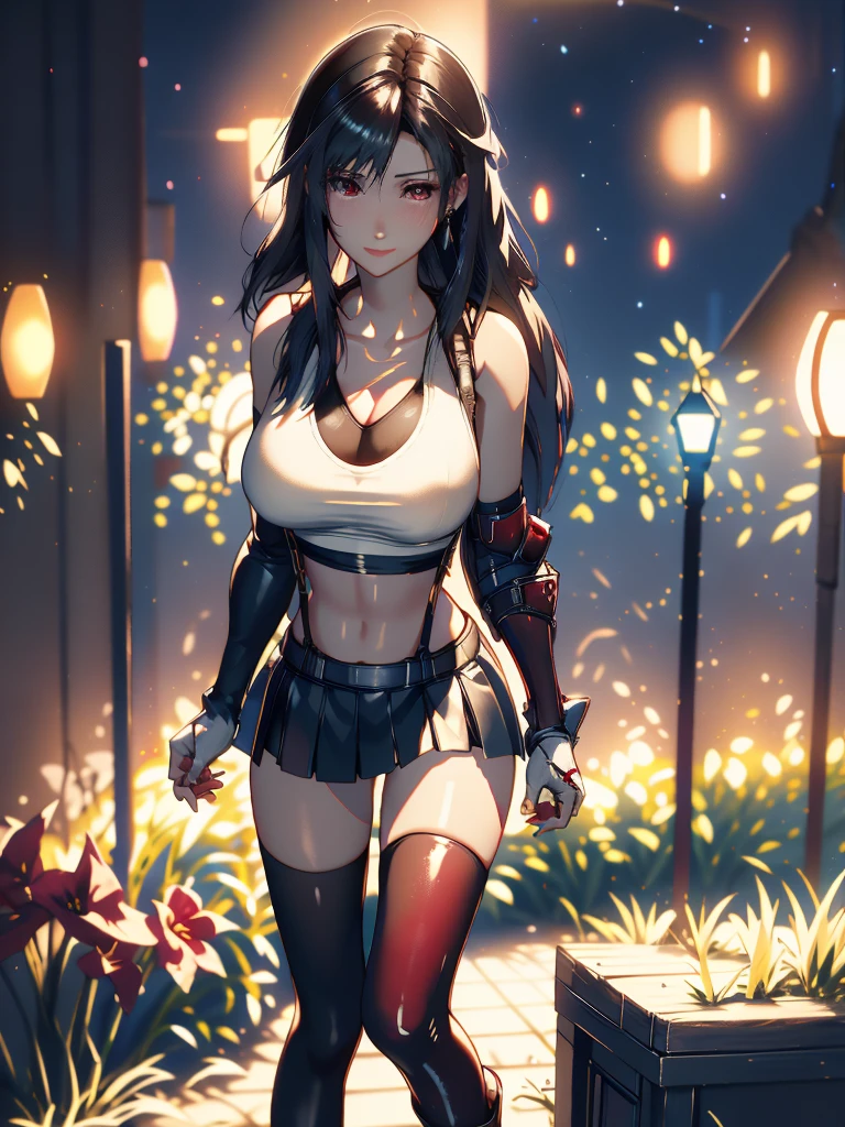 (8ｋ, highest quality, MASTERPIECE:1.2), (photorealistic:1.3), Super Detailed, girl 1 person, mature, solo, (Tifa Lockheart:1.2), (big chest), (giant breasts), (((huge lift clothes to show bra))), (((black bra))), (beautiful red eyes), (smiling:1.2), (Closed), erotic pose, dance, neon lights, street scenery, Depth Of Field, Dark and strong shadows, Sharp focus, auto, motion blur, bike, Depth Of Field, composition, Glowing green light, Final Fantasy VII, (nose blush), Single Elbow Pad, Ankle Boots, dark black hair, toned thighs, red boots, Elbow Gloves, Elbow pads, Fingerless Gloves, Taut Shirt, sports bra, (suspenders), (Black Skirt), tights, white tank top, All over body, head rest, Lips, delicate facial structure, Low Tie Long Hair, (red_Ojo), Yellow flowers, (night:1.3), Complex, Bokeh, Cinematic Lighting, Photon mapping, Radiosity, physically based rendering, NSFW, Perfect Breasts