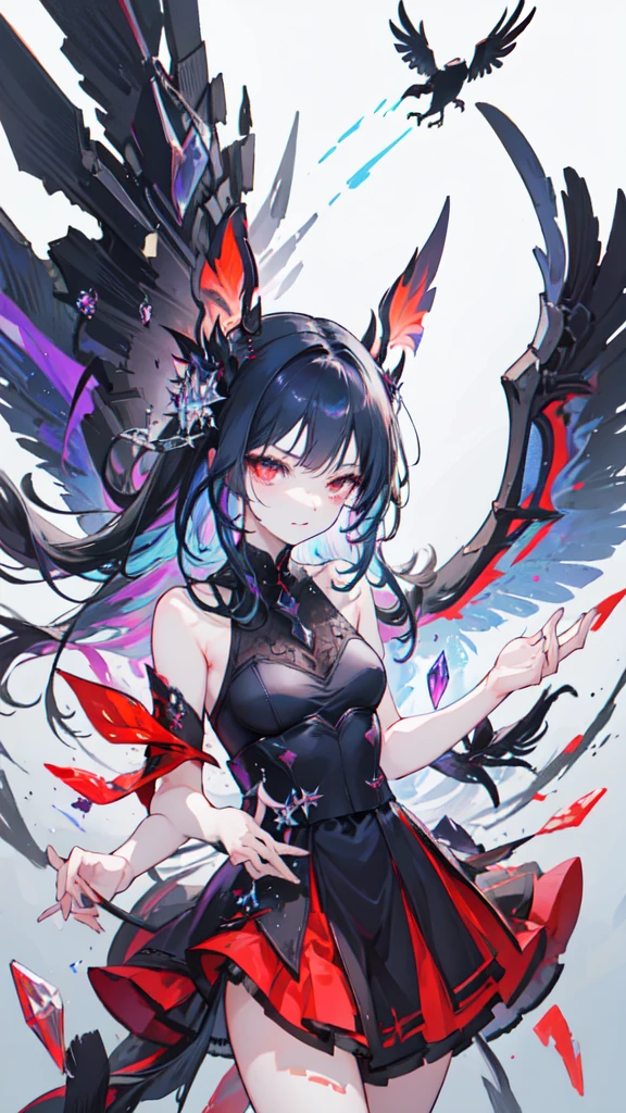 devil,crystal clear red eyes,Black wings、Black Tail、Shadow on face、Glaring、A black mist wraps around my body、Dark emotions、Crows flying in circles in the sky、Black Tears,　Gliding on wings、Laughing out loud、Drawing