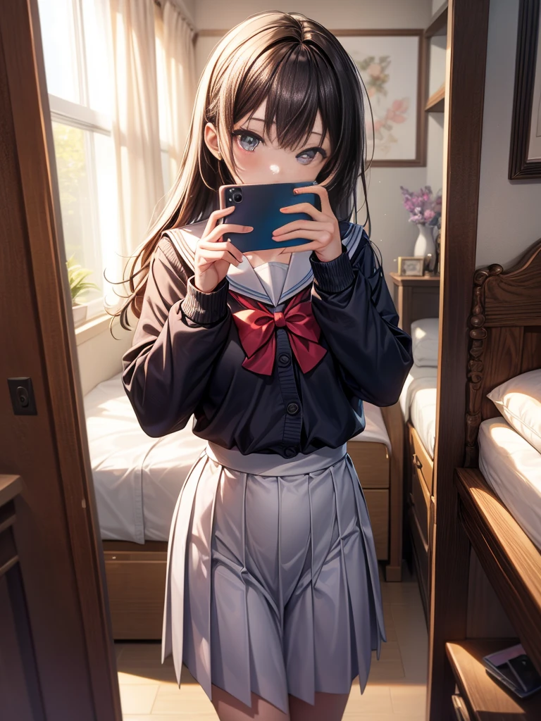 masterpiece, best quality, high quality, detailed, ultra detailed, hyper detailed, insanely detailed, exquisite, beautiful, FHD, Full-HD, 4K, 8K, 16K, highres, absurdres, A detailed illustration of a girl taking a selfie in front of a mirror. She is wearing a traditional Japanese sailor school uniform with a pleated skirt and a sailor collar. Over her uniform, she is wearing a cozy cardigan, adding a casual touch to her outfit. The girl is holding a smartphone with one hand while posing confidently. Her reflection is clearly visible in the mirror behind her. The room has a warm and slightly soft lighting, with subtle details like a small desk or bed in the background to indicate a typical bedroom setting. The focus is on the girl and her reflection, capturing the moment with a balance of realism and anime-inspired style ,more_details:-1, more_details:0, more_details:0.5, more_details:1, more_details:1.5,mksks,Colorful Portraits,shiny skin, shiny body 