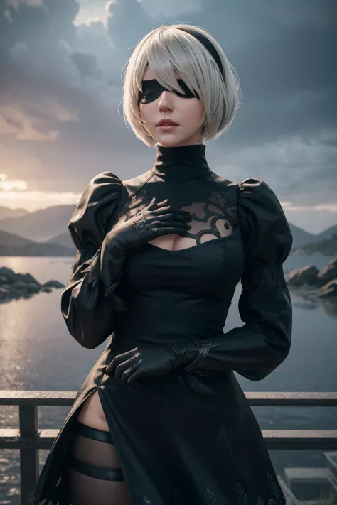 2b nier automata,bobcut, gray hair,long sleeve, juliet sleeve, white gloves, turtleneck, bangs, feather ornament, feather orname...