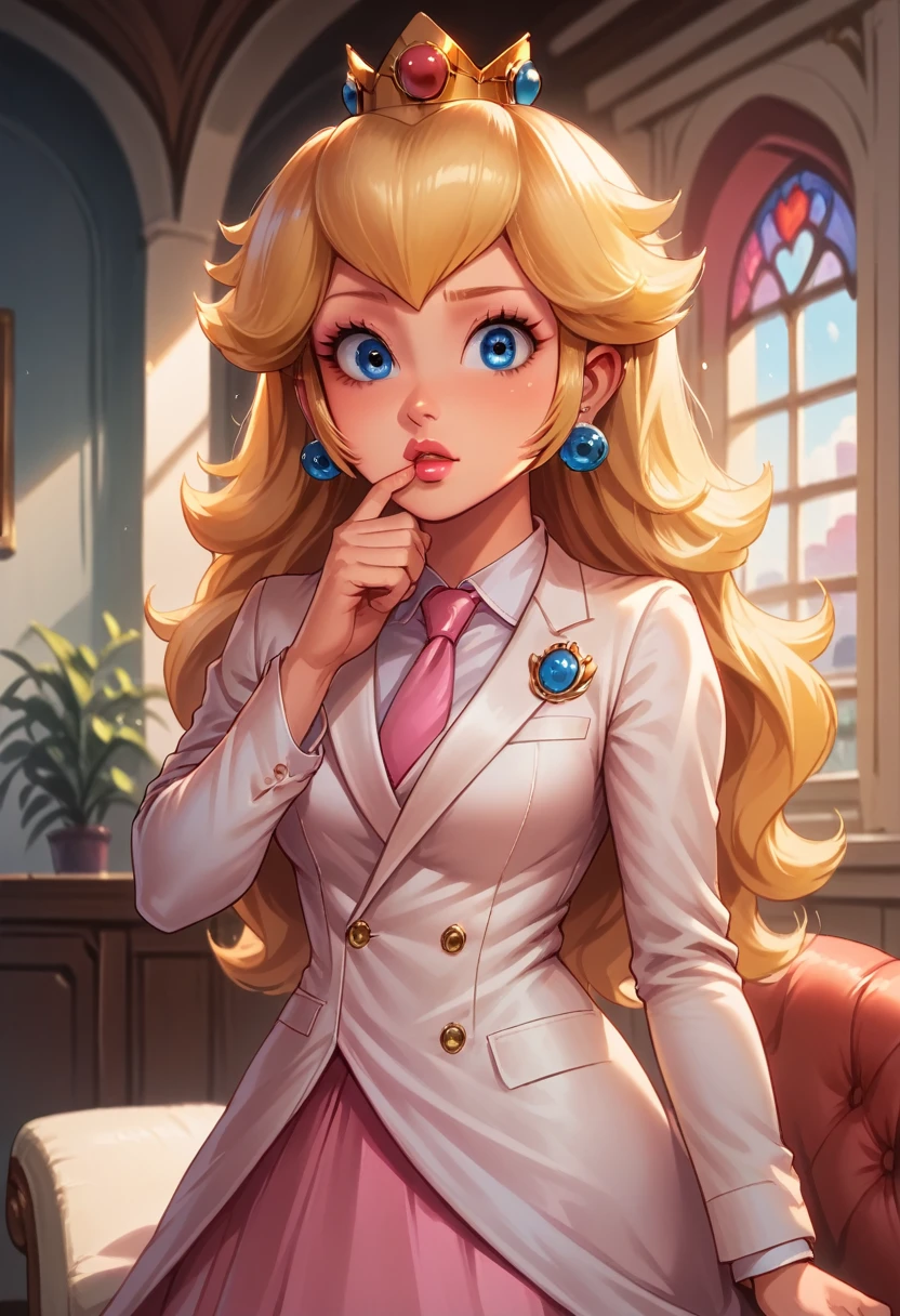 Score_9, Score_8_up, Score_7_up, Score_6_up, (best quality), realistic skin texture, black sofa, 1 girl, Princess Peach, double-breasted suits, 1girl, solo, formal, jewelry, suit, necktie, earrings, jacket, shirt, window, jacket, shirt, skirt, makeup, (lipstick: 0.5), blonde hair, wavy hair, straight hair, long hair , hair in the wind, lips parted, blue eyes, interior, room, sofa, rich, crown, golden crown, facing viewer, medium breasts, looking at viewer, seductive, alone, hand before mouth, surprised