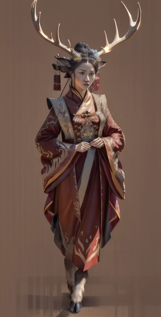 a woman in a red and black outfit with deer legs and elk antlers on her head , beautiful character painting, by Yang J, epic exquisite character art, feng zhu concept art, stunning character art, by Lin Liang, amazing 8k character concept art, by Qu Leilei, palace, a girl in hanfu, by Feng Zhu, inspired by Feng Zhu, by Li Song, (masterpiece), best quality, expressive eyes, perfect face, xiuxian, chinagen, FantasyCore, Animal ear, (chinese woman with elk antlers and elk legs in a traditional chinese clothing), masterpiece, best quality, expressive eyes, perfect face, full body, dnd character design, female, girl, dnd, great quality, amazing detail, realistic, feminine, eyelashes, fluffy deer ears, eyeliner, niji, beautiful, detailed highest, detailed texture, deer ears, deer hooves, deer feet, deer tail, hoof, Detailed Fur, 3d Render, Photorealistic, pretty, deer, hooves, eastern clothing, 1girl, furry female, antlers, elk antlers, high contrast, long sleeves, wine purple, brown and red clothes color, jewelry, deer legs, shoulder armor, ancient chinese hairstyle, Cervid, Deerfolk race, d&d, archeology professor, ribbons, fantasy race, faun, shoulder pads, hanfu, chinese clothes, hair ornament, hair bun, smart, professor, teacher, chinese scholar, chineses hair crown, hair up, body fur, ancient, oriental, eastern, ancient chinese female hairstyle, older, lady, gray background, respected, glasses, monical, animal ears, one pair of antlers, faunmakeup, makeup, white spots, dark upper lip, horns, antlers, reindeer antlers, animal ears, pointy ears, deer, body part, antler, dearantlers, hooved legs, hooves, kimono