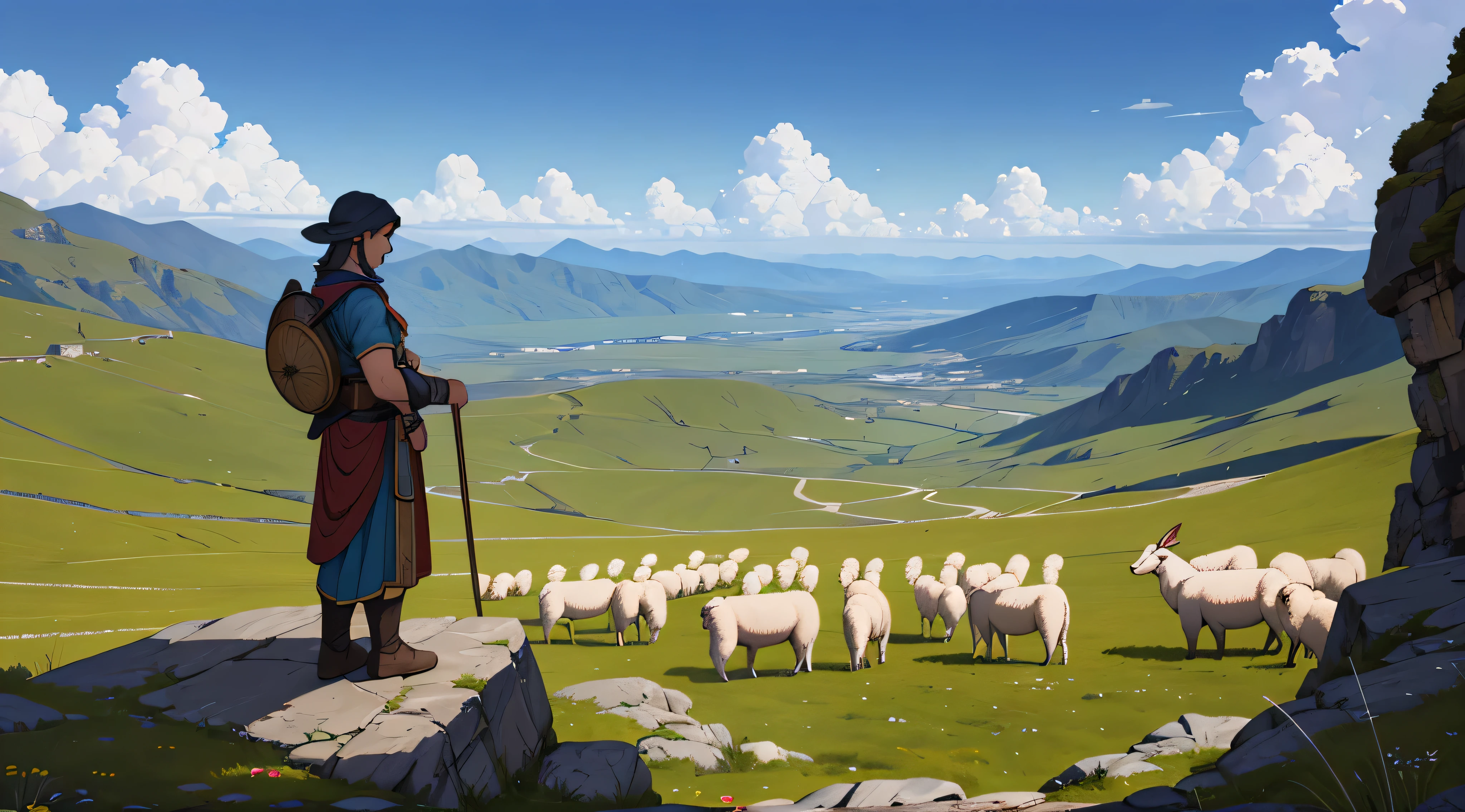 a first-century sheepherder standing on a mountain, ultra quality, ultra definition, panoramic view, High quality art and details, Realistic portrait style, subtle color palette, vibrant background, natural textures, deep-shadows, subtle highlights, historical accuracy, meticulous attention to detail, Emotional depth and intensity, Authentic Representation, thought-provoking, spiritual atmosphere, A Sense of Ancient Wisdom, Deep Impact