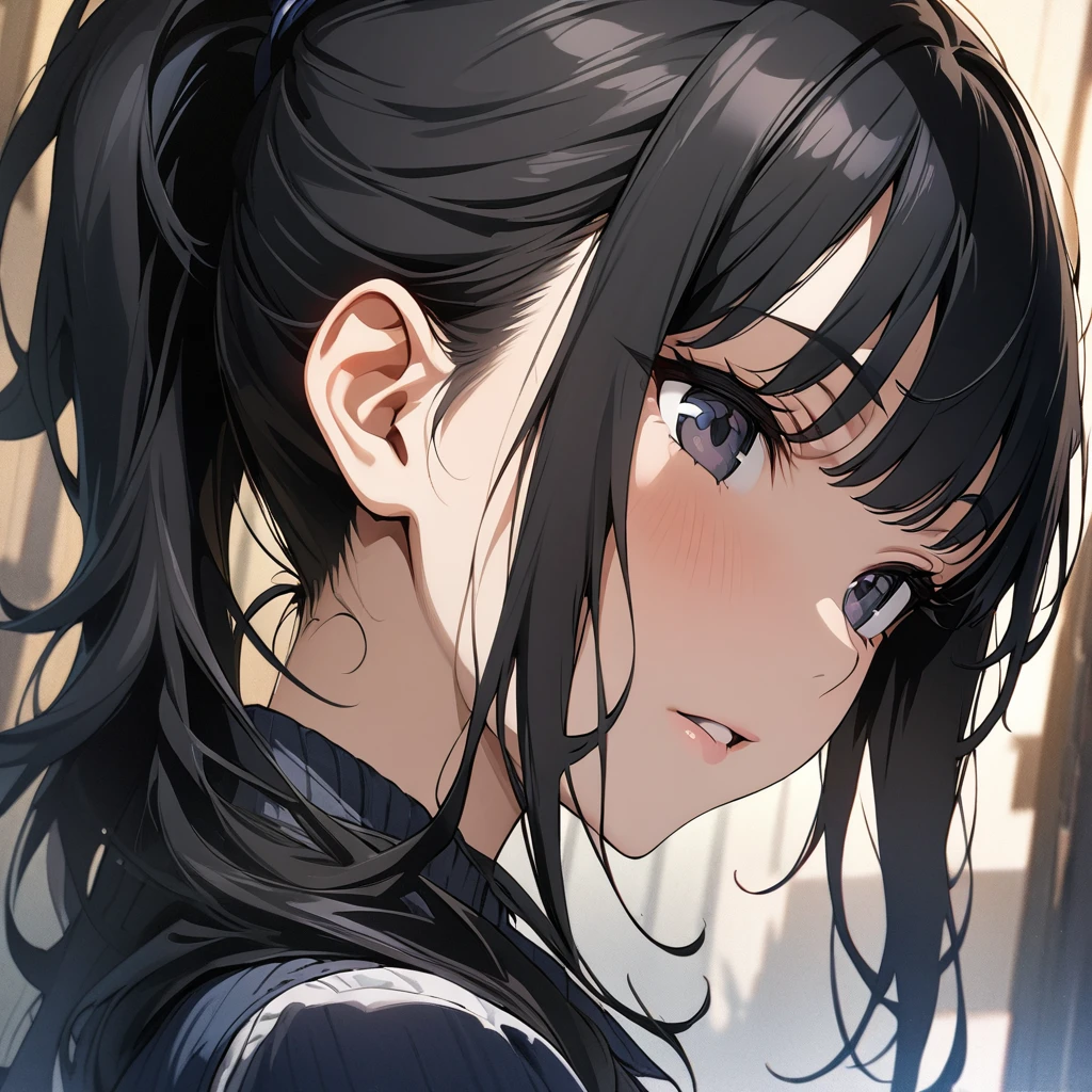 (masterpiece),(best quality),(ultra-detailed),(best illustration),(best shadow),(absurdres),(detailed background),(very aesthetic),hiori kazano, ponytail, black hair, black eyes, portrait, very close-up