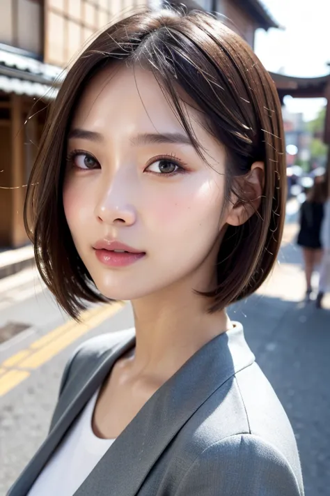 with the alleys of kyoto in the background、1 girl、independent、look forward to、light eye makeup、brown hair color、flat 、hair blowi...