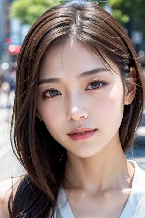 with the alleys of kyoto in the background、1 girl、independent、look forward to、light eye makeup、brown hair color、flat 、hair blowi...