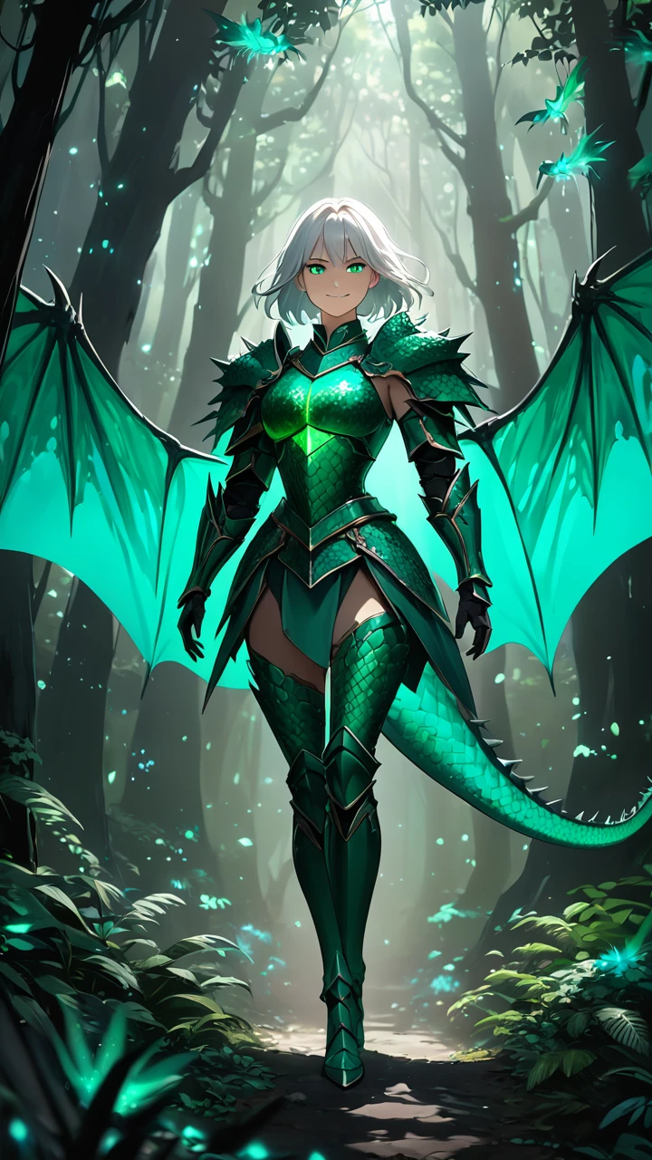 (((masterpiece, best quality, 8k))), fierce female knight, (full-body), emerald dragon scale armor, shimmering green glow, short spiky white hair, strands framing a sharp face, intense emerald eyes, smirk of confidence, walking through a dark enchanted forest, bioluminescent flora, dragons lurking in the misty canopy, magical energy crackling around her, (mystical lighting, high contrast)
