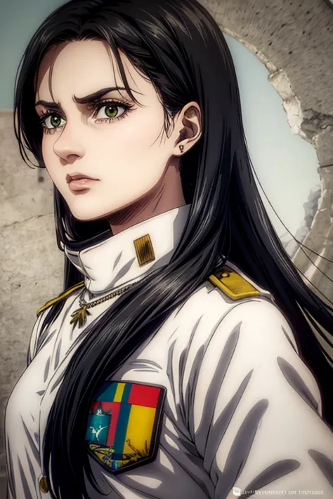 1 woman aged 35, long black hair, greeneyes, neutral expression, necklace on the neck, white military uniform, marley, liberia, ...