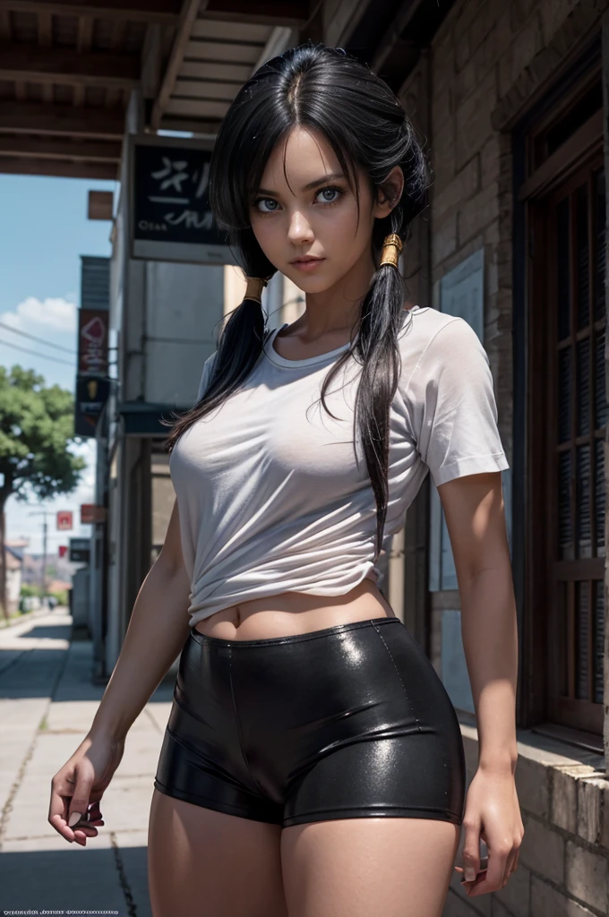 A  girl, sexypose, The character videl, fragile,videl, Beautiful figure,white shirt, black hair,pony tails, blue Eyes,black biker shorts, sexy,medium breasts, Realistic, Very detailed, handsome body, Detailed body, Detailed hands, Detailed, Vibrants, Detailed Face,Videl's character design. Very detailed, Detailed body, Detailed hands, Detailed Face, anime art, extremely detailed CG unity 8k wallpaper, detailed light, Cinematic lighting, chromatic aberration, glittering, expressionless, epic composition, dark in the background, Cherecter Desing, Very detailed, Detailed body, Vibrants, Detailed Face, sharp-focus, anime art, Vibrants, Detailed Face, Hugh Details, sharp-focus, Very drooping face, A detailed eye, super fine illustration, better shadow, finely detail, Beautiful detailed glow, Beautiful detailed, Extremely detailed, expressionless, epic composition, Presented at artstation, Octane Render, artstation hd, Cinematic, 4 thousand., hypermaximalist, elegant