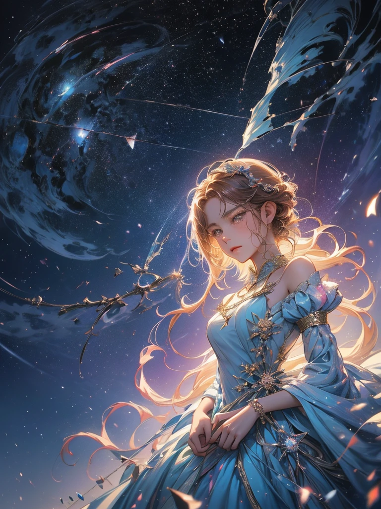 a picture taken from a digital painting of a girl in a dress, an anime drawing by Yuumei, pixiv contest winner, magical realism, beautiful anime artwork, wearing a dress made of stars, beautiful anime art, makoto shinkai cyril rolando, magical dress, anime fantasy artwork, anime fantasy illustration, ethereal anime, dreamlike art