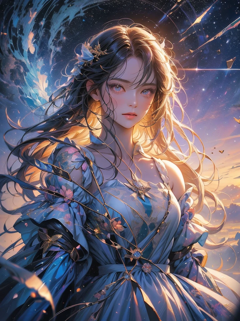 a picture taken from a digital painting of a girl in a dress, an anime drawing by Yuumei, pixiv contest winner, magical realism, beautiful anime artwork, wearing a dress made of stars, beautiful anime art, makoto shinkai cyril rolando, magical dress, anime fantasy artwork, anime fantasy illustration, ethereal anime, dreamlike art